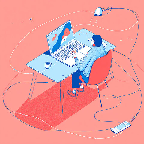 Person working at a laptop connected by flowing cables and digital signals, representing the user experience and ease of website management.