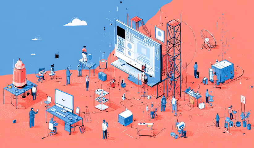Large digital workspace under construction with teams building and managing a website interface, representing website development workflows.
