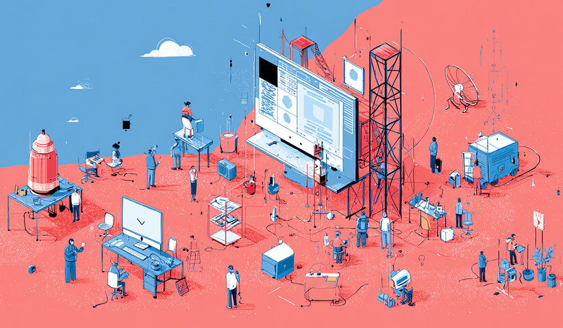 Large digital workspace under construction with teams building and managing a website interface, representing website development workflows.