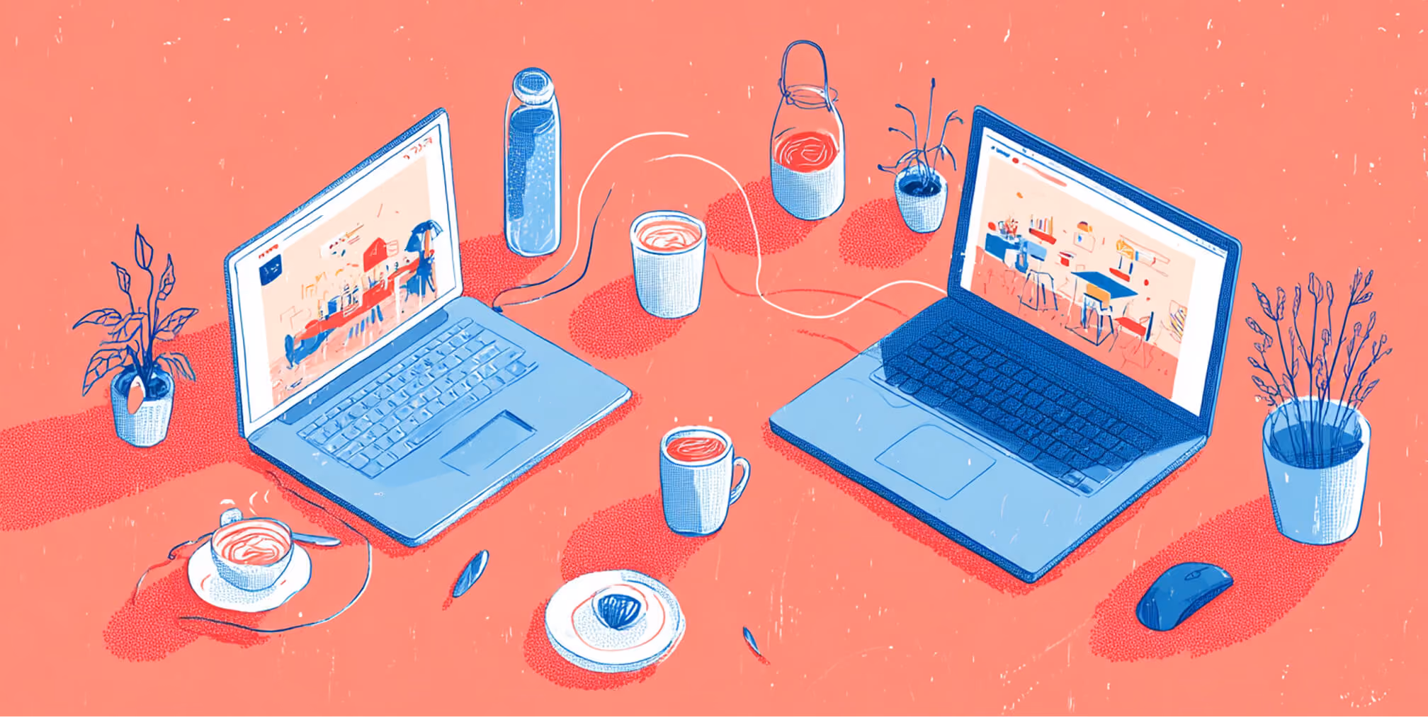 Desktop workspace with website mockups displayed on screens, representing website design, content management, and ongoing site administration.