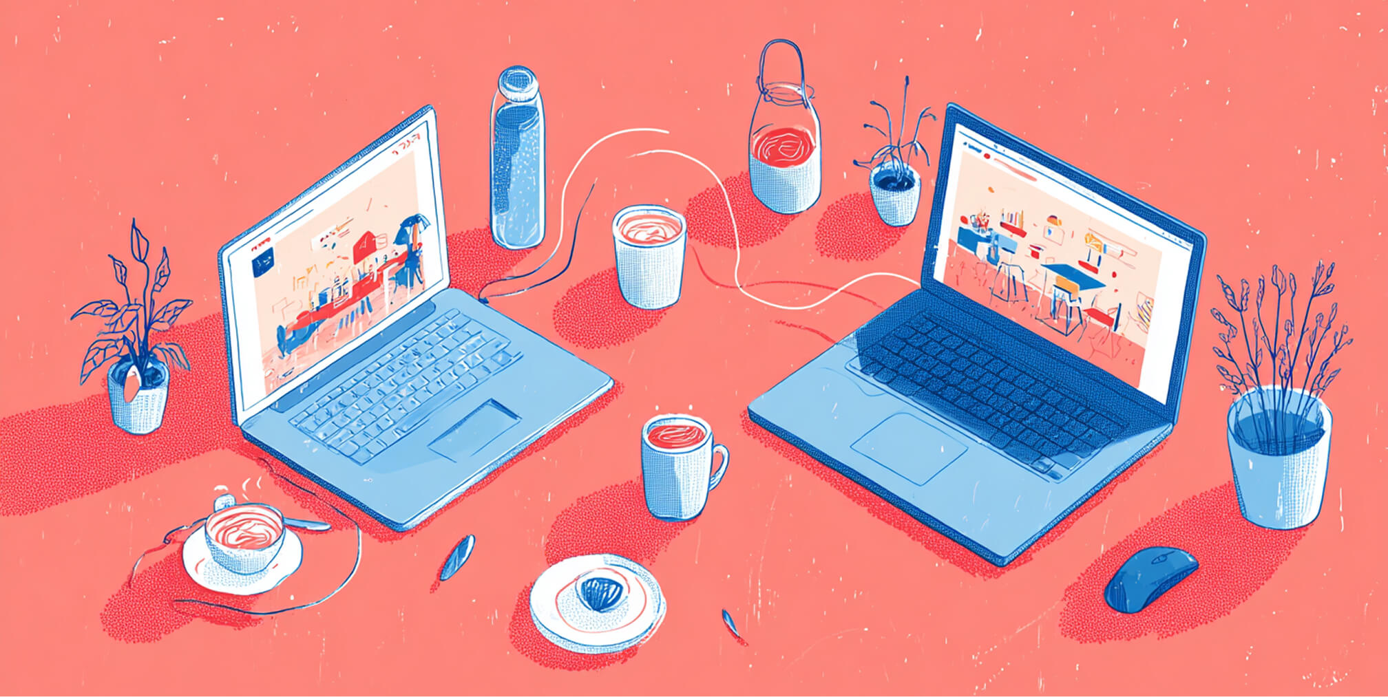 Desktop workspace with website mockups displayed on screens, representing website design, content management, and ongoing site administration.