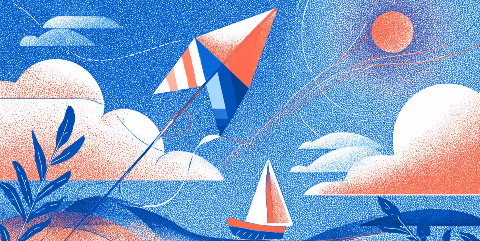 Colorful kite soaring above a landscape of clouds and water, symbolizing creative freedom, speed, and the different paths available when building websites with Framer or Webflow.