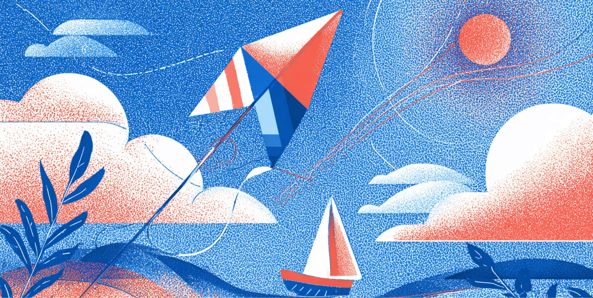 Colorful kite soaring above a landscape of clouds and water, symbolizing creative freedom, speed, and the different paths available when building websites with Framer or Webflow.