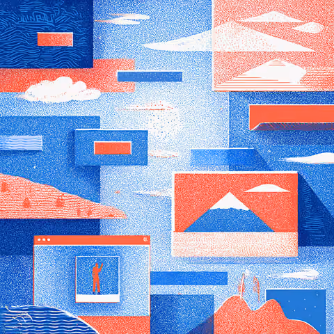 Floating browser windows and interface elements suspended in a cloud-filled environment, representing visual design systems and no-code website building.