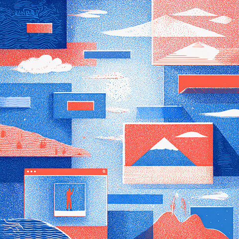 Floating browser windows and interface elements suspended in a cloud-filled environment, representing visual design systems and no-code website building.
