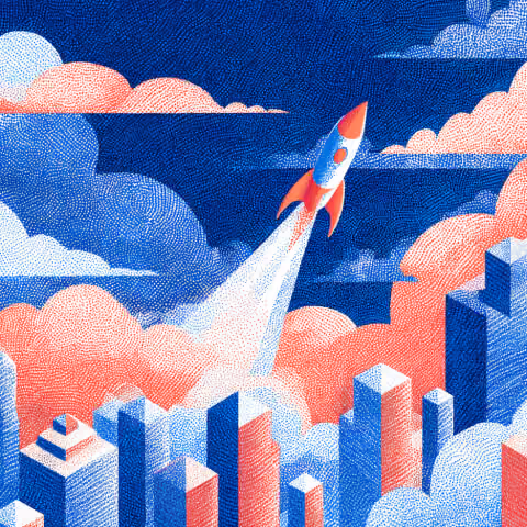 Rocket launching above a city skyline, representing rapid website deployment, growth, and the pursuit of faster digital experiences.