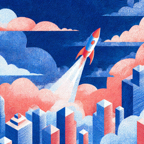 Rocket launching above a city skyline, representing rapid website deployment, growth, and the pursuit of faster digital experiences.