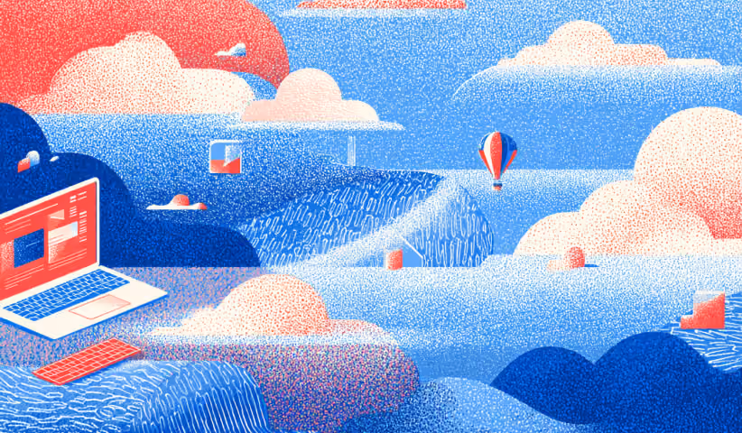 Laptop embedded within a dreamlike digital landscape of clouds and floating objects, symbolizing creative workflows and modern web design platforms.