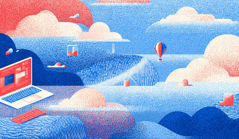 Laptop embedded within a dreamlike digital landscape of clouds and floating objects, symbolizing creative workflows and modern web design platforms.