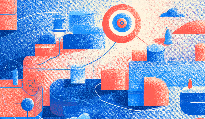 Abstract target surrounded by interconnected shapes and pathways, representing website goals, performance optimization, and conversion-focused design.