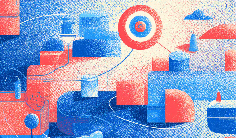 Abstract target surrounded by interconnected shapes and pathways, representing website goals, performance optimization, and conversion-focused design.