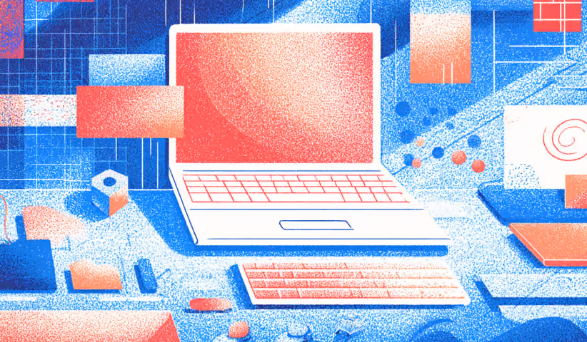 Laptop positioned within a structured digital workspace filled with design elements and interface components, illustrating website development tools and workflows.