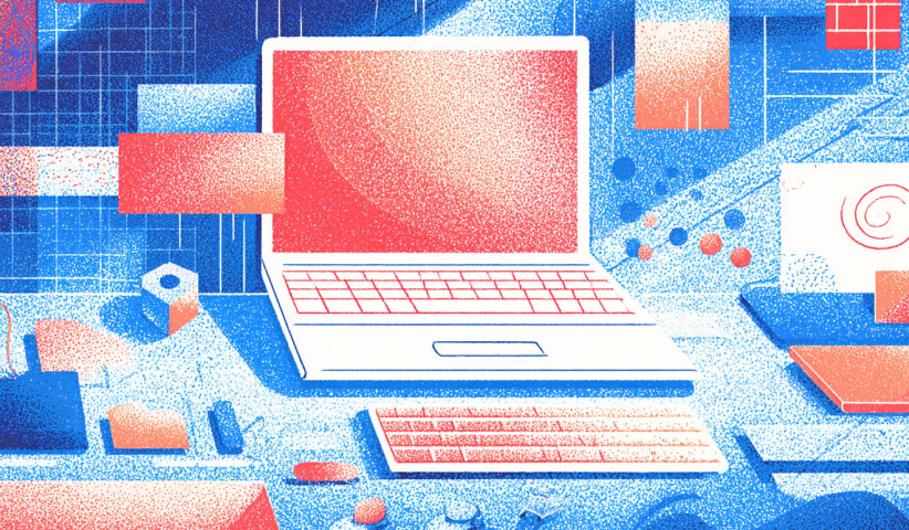 Laptop positioned within a structured digital workspace filled with design elements and interface components, illustrating website development tools and workflows.