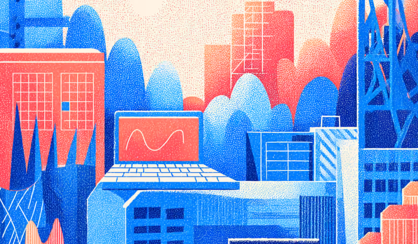 Laptop displayed above a stylized cityscape, symbolizing scalable web platforms, business growth, and digital presence.