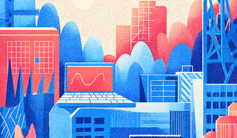 Laptop displayed above a stylized cityscape, symbolizing scalable web platforms, business growth, and digital presence.