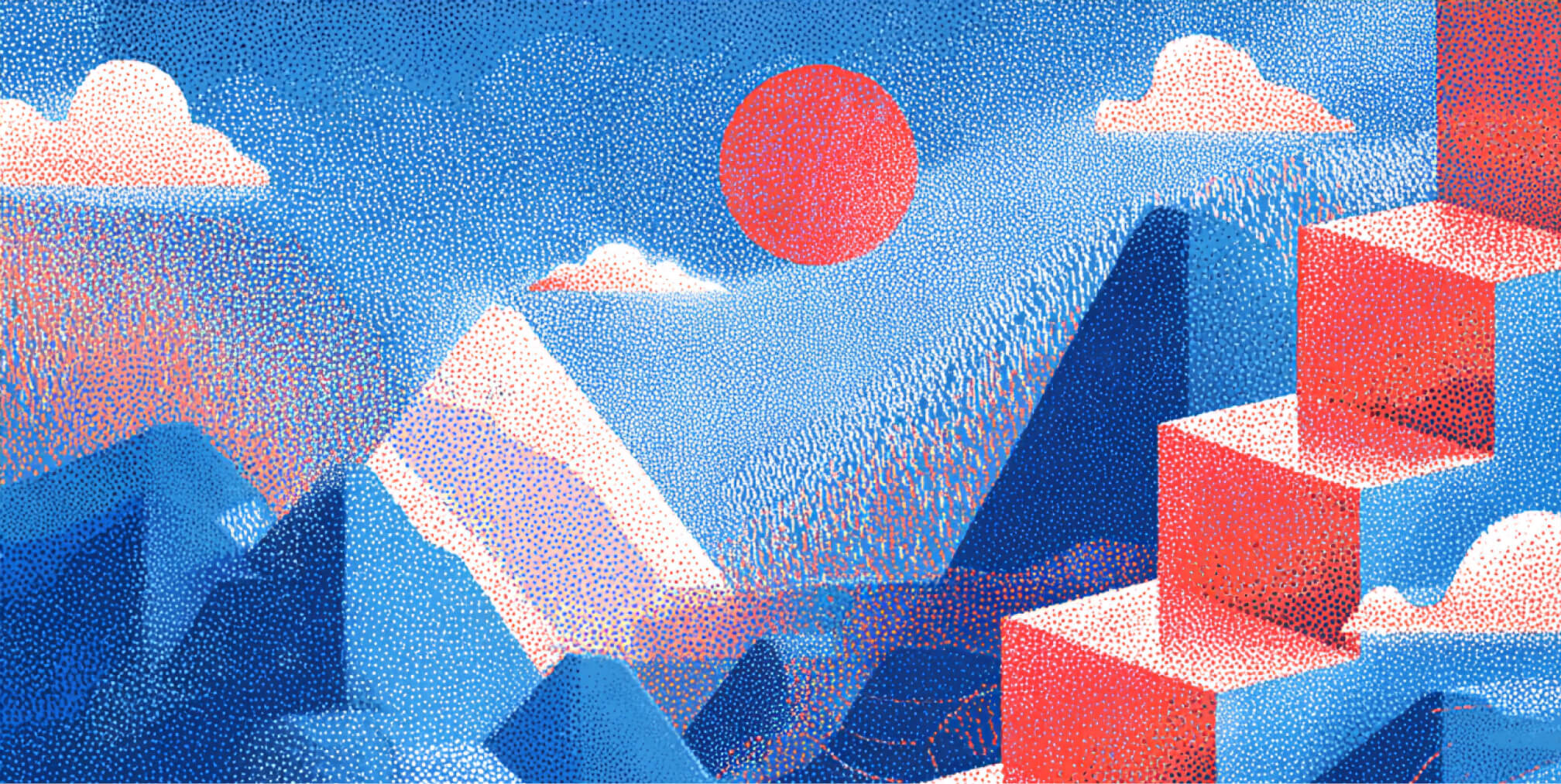 Geometric mountains and ascending staircase under a bright sky, representing learning curves, platform progression, and long-term website growth strategies.
