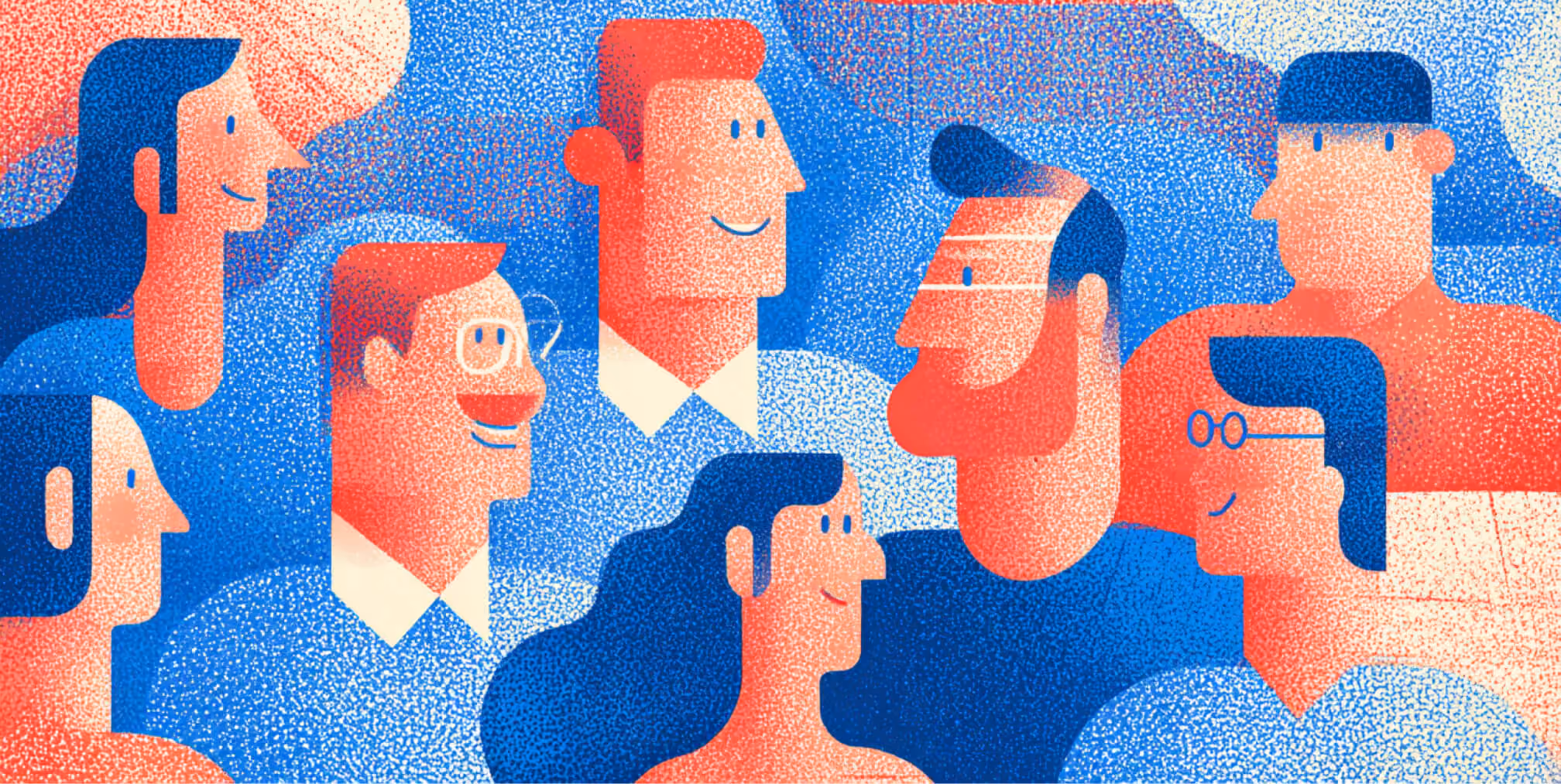 Group of diverse illustrated people gathered together, symbolizing user communities, collaboration, audience engagement, and platform adoption.