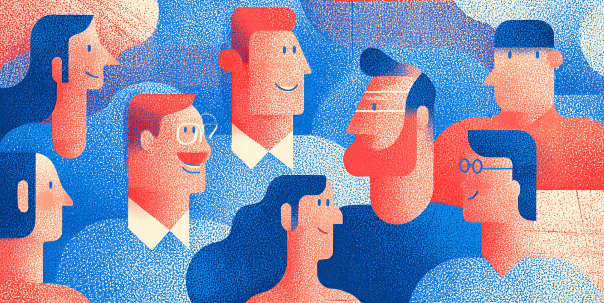Group of diverse illustrated people gathered together, symbolizing user communities, collaboration, audience engagement, and platform adoption.