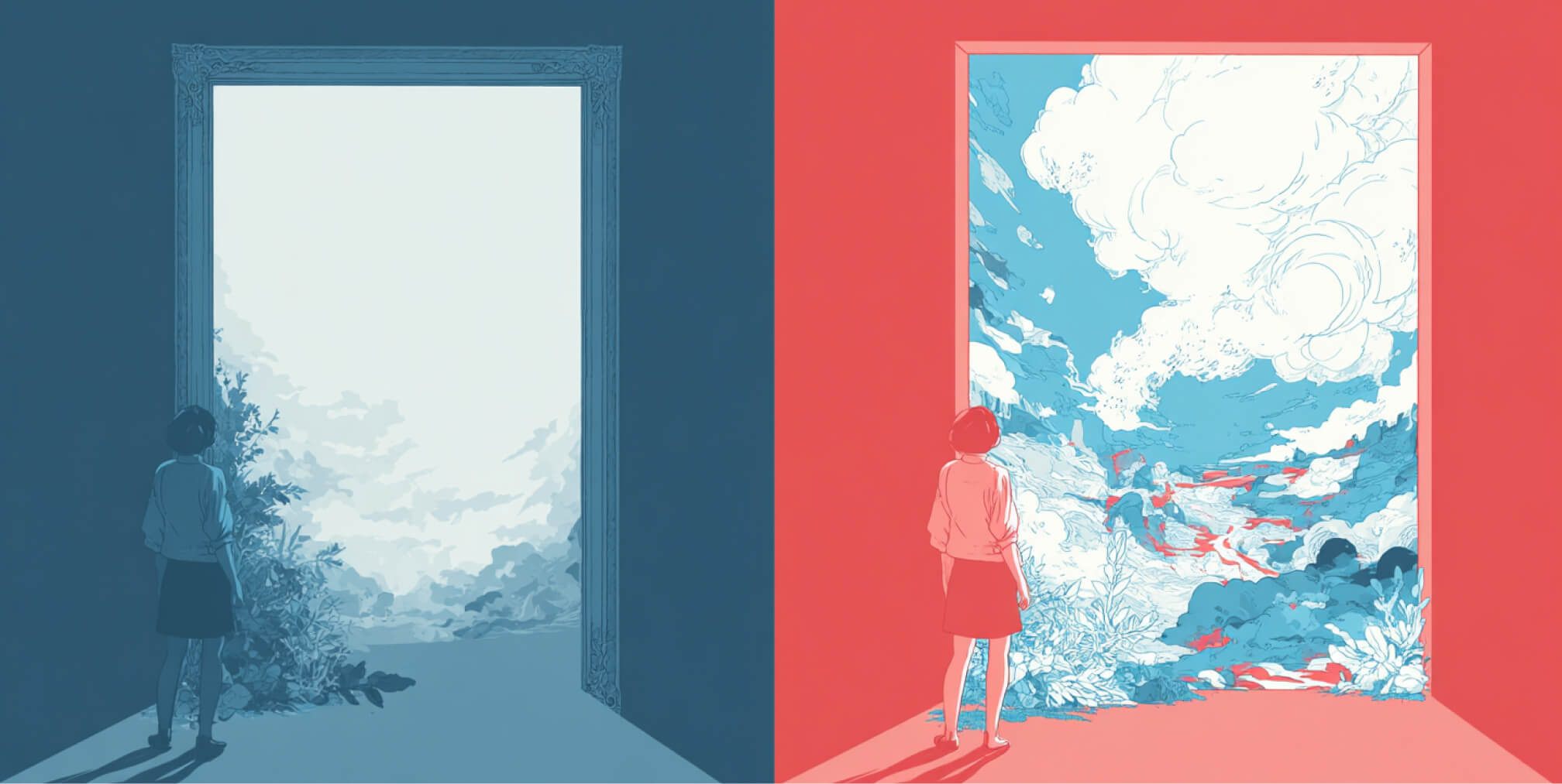 Conceptual illustration of two digital worlds separated by color, representing the comparison between Squarespace and Webflow website platforms and their different approaches to web design.