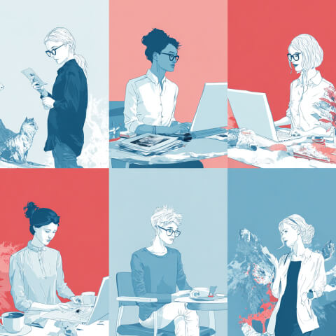 Grid of professionals working in different environments, representing the diverse users, teams, and business needs served by website-building platforms.