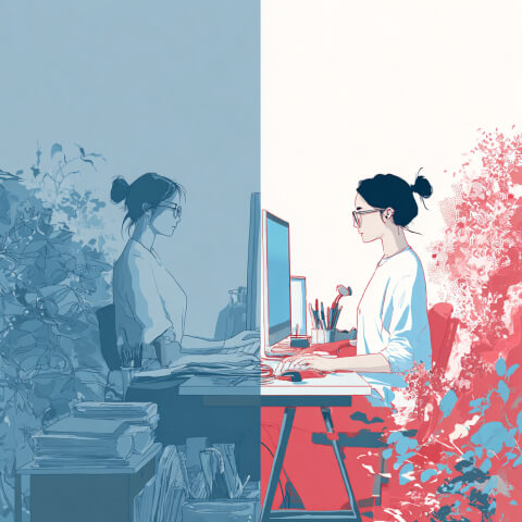 Split-screen illustration of a designer at a computer, contrasting simplified website creation with more advanced design and customization workflows.