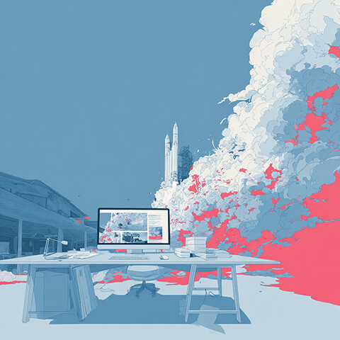 Modern workspace with a computer and rocket launch in the background, symbolizing website growth, scalability, and platform performance.