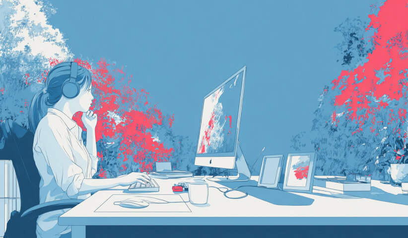 Designer working at a desktop surrounded by creative elements, illustrating website design flexibility, content creation, and visual customization.