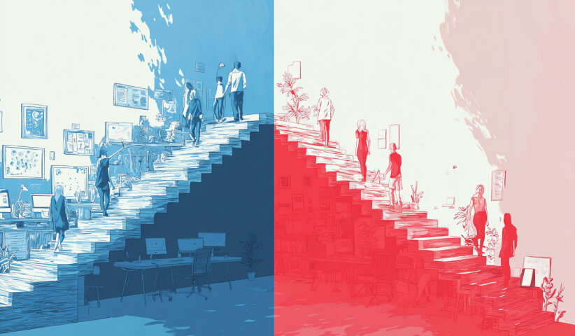Staircase divided into two visual styles with people ascending, symbolizing the learning curve and progression between Squarespace and Webflow capabilities.