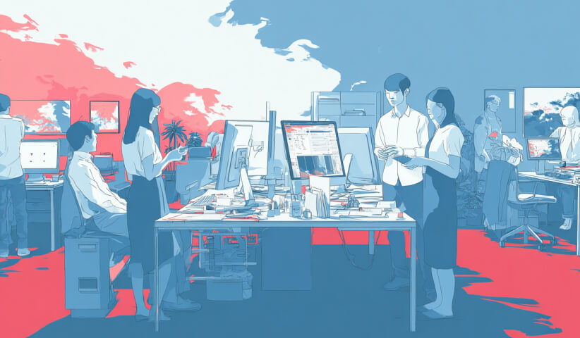 Collaborative office environment with team members reviewing digital projects, representing workflow management, web design collaboration, and business growth.