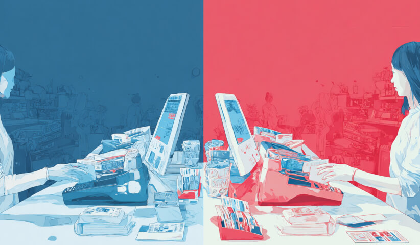 Split-screen workspace with matching computer setups, illustrating side-by-side platform comparisons for website design, content management, and usability.