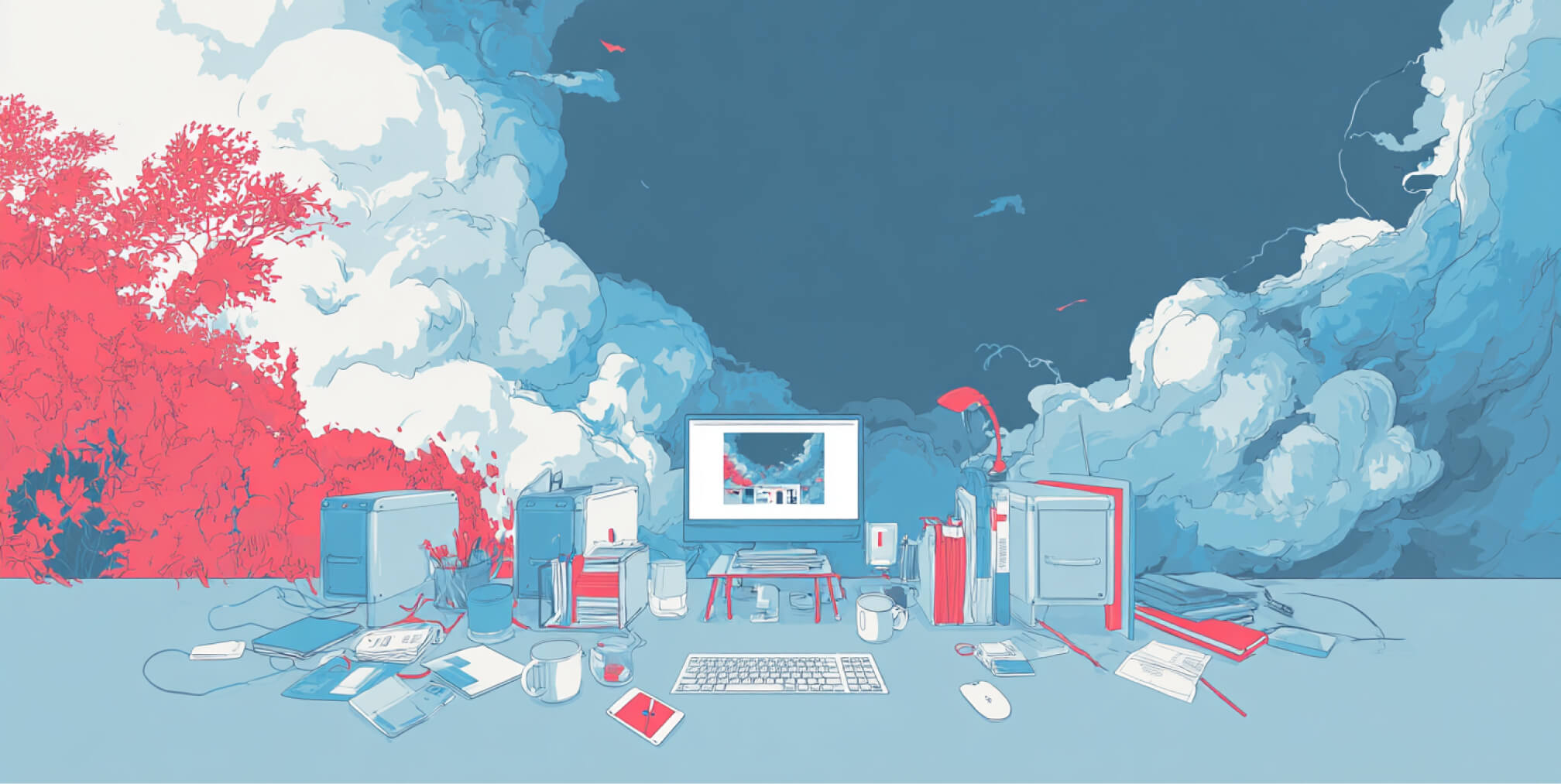 Creative desktop surrounded by expansive clouds and landscapes, symbolizing the freedom, flexibility, and possibilities of modern website development platforms.