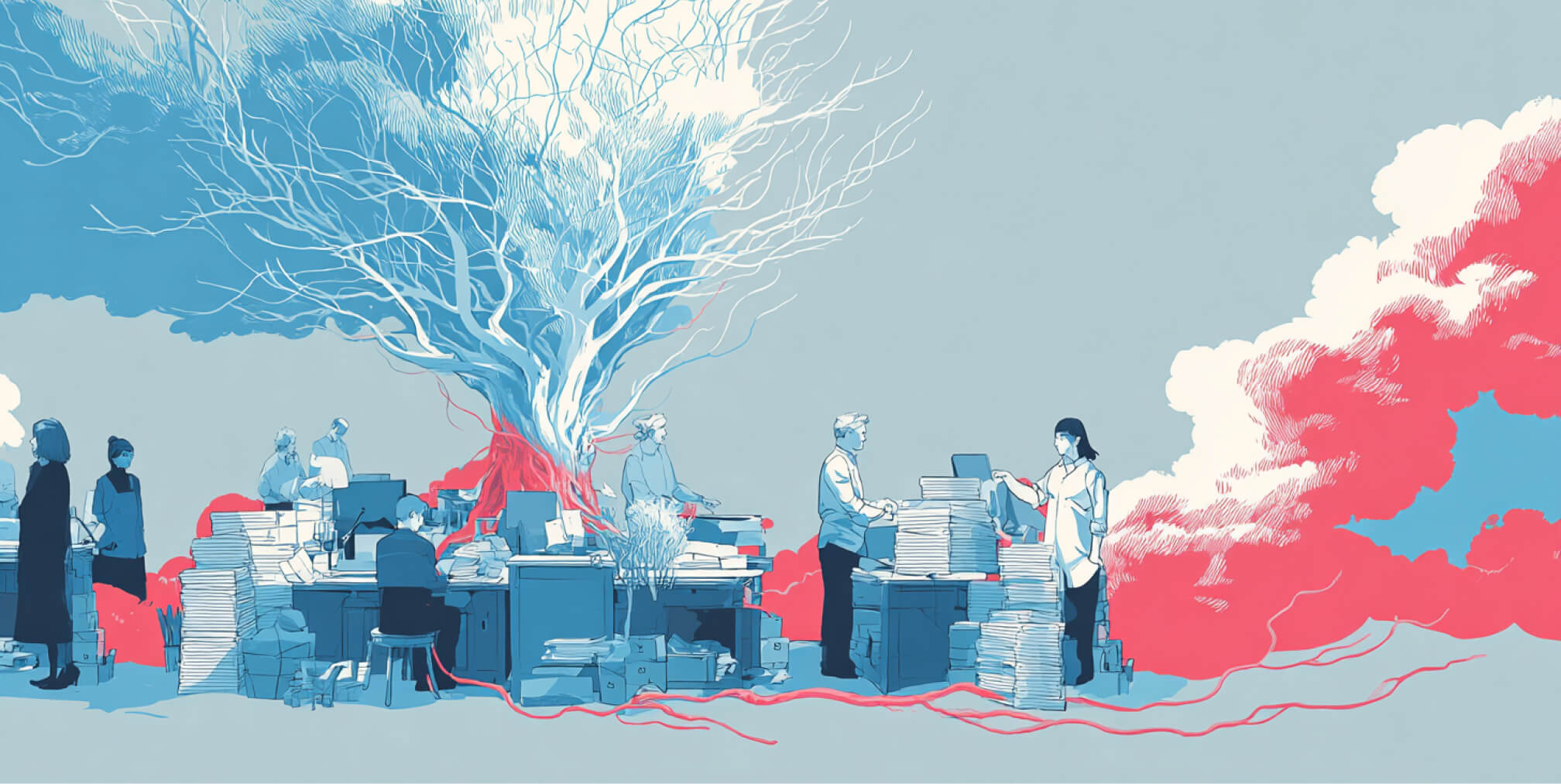 Team working beneath a large branching tree connected by flowing lines, representing scalable website architecture, collaboration, and long-term digital growth.