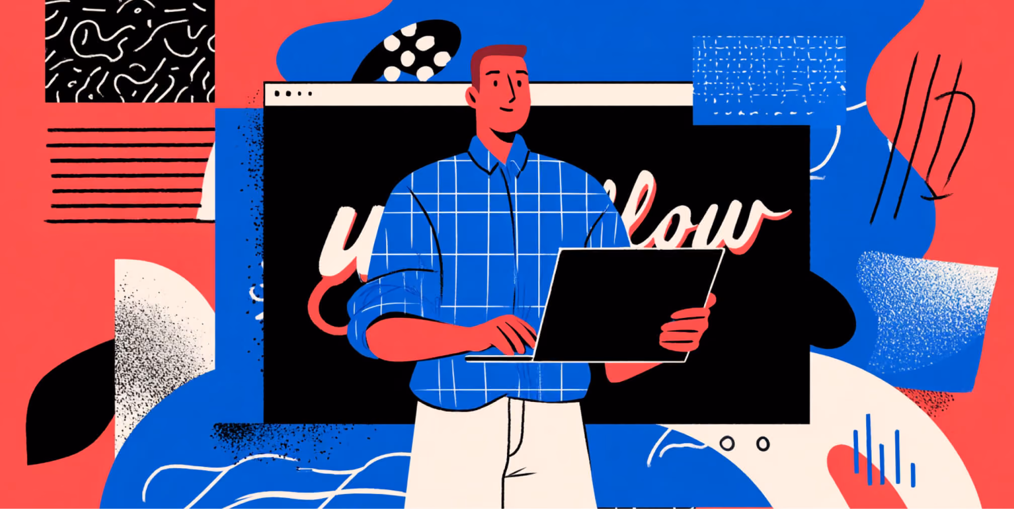 Illustration of a Webflow designer working on a laptop in front of a website interface, representing the blend of visual design, branding, and website development within a single workflow.