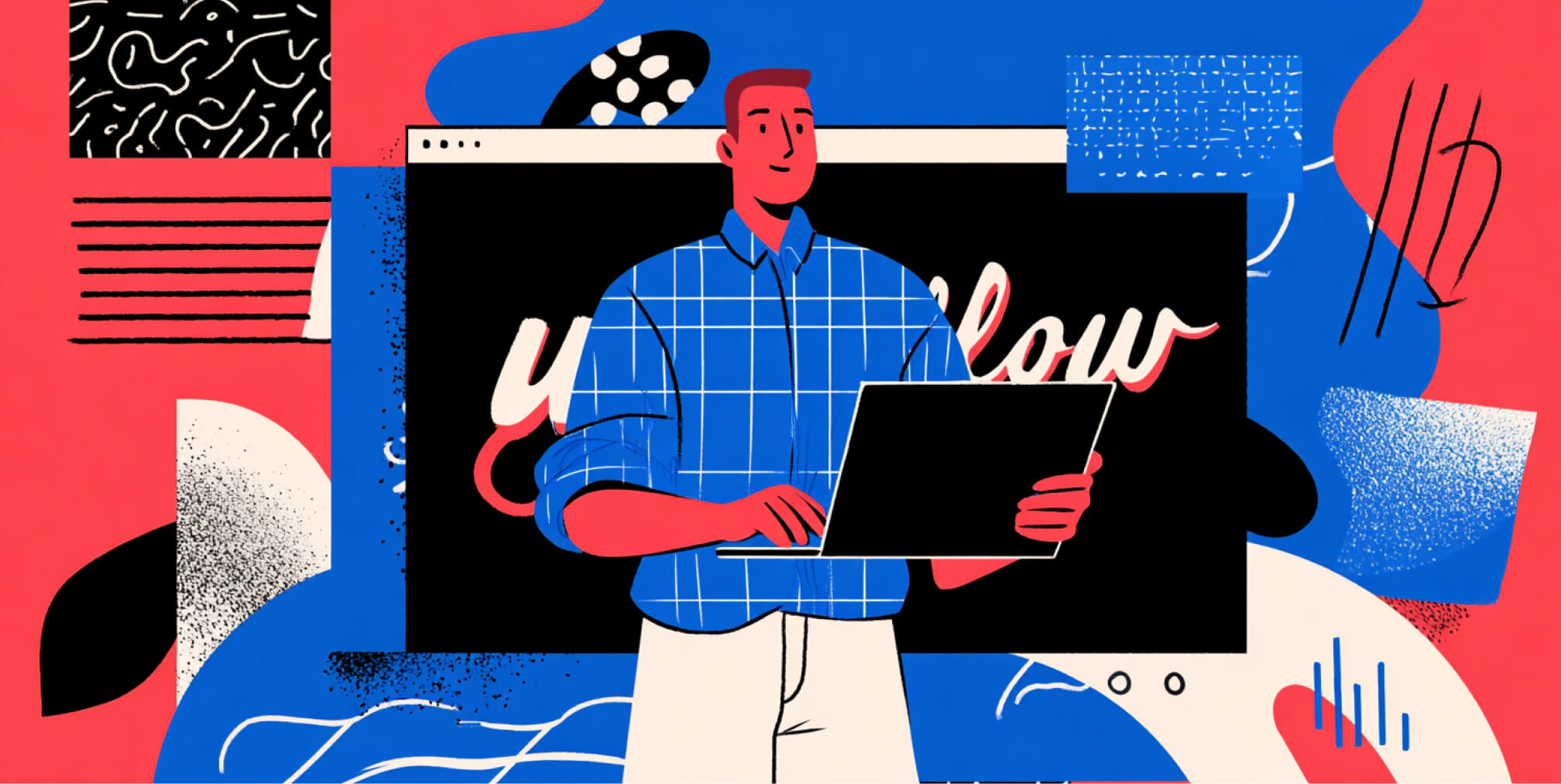 Illustration of a Webflow designer working on a laptop in front of a website interface, representing the blend of visual design, branding, and website development within a single workflow.