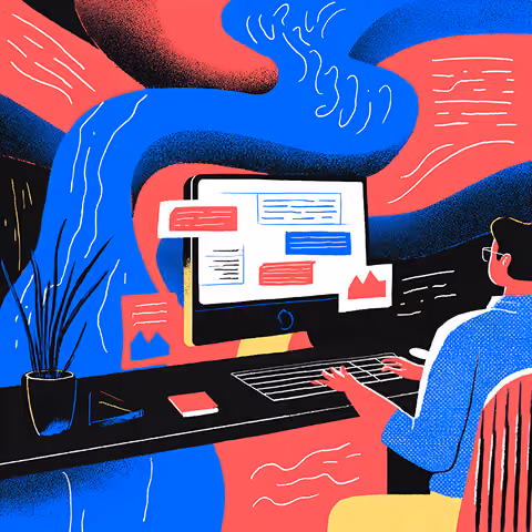 Professional working at a desktop surrounded by flowing interface elements and content blocks, illustrating the connection between design, content management, and user experience.