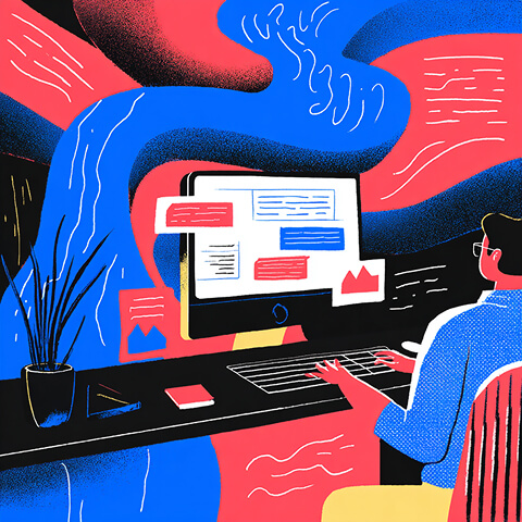 Professional working at a desktop surrounded by flowing interface elements and content blocks, illustrating the connection between design, content management, and user experience.