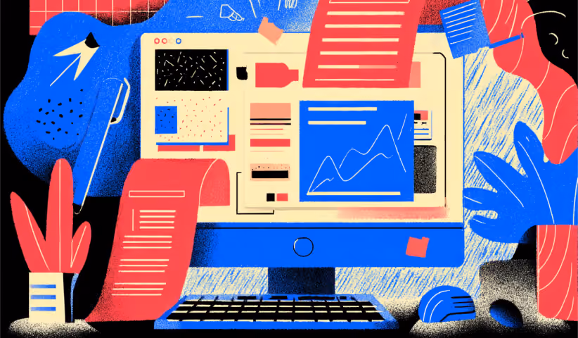Computer display filled with website components, content modules, and analytics visuals, symbolizing the flexibility and customization available in Webflow projects.