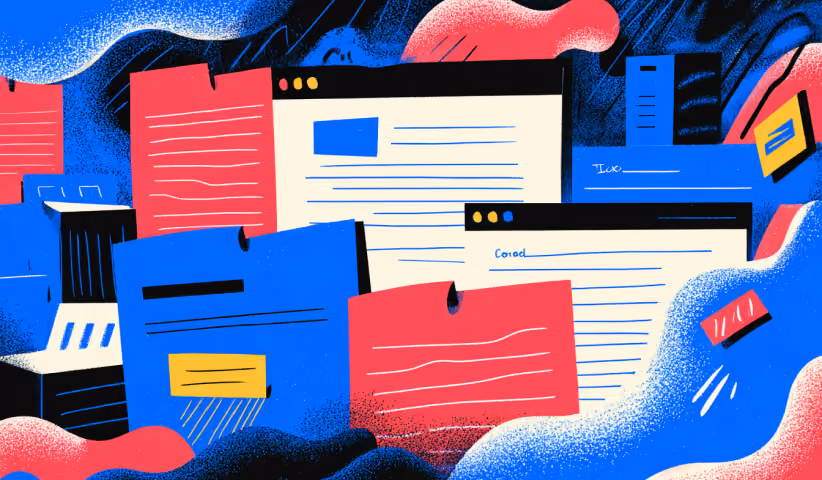 Collection of website pages, documents, and digital files arranged around browser windows, illustrating content management systems, website organization, and scalable web development.