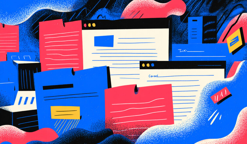 Collection of website pages, documents, and digital files arranged around browser windows, illustrating content management systems, website organization, and scalable web development.