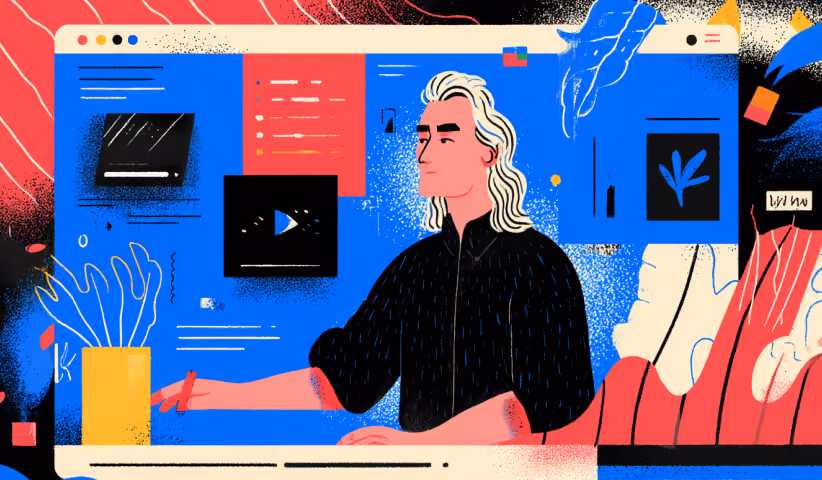 Web designer working within a browser-based interface surrounded by design elements and media assets, representing the hybrid role of designer and front-end builder.
