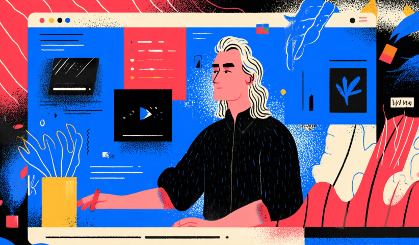 Web designer working within a browser-based interface surrounded by design elements and media assets, representing the hybrid role of designer and front-end builder.