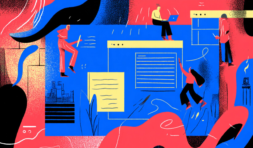 Team members collaborating around a large website layout, symbolizing the collaborative workflows between designers, marketers, and stakeholders using Webflow.