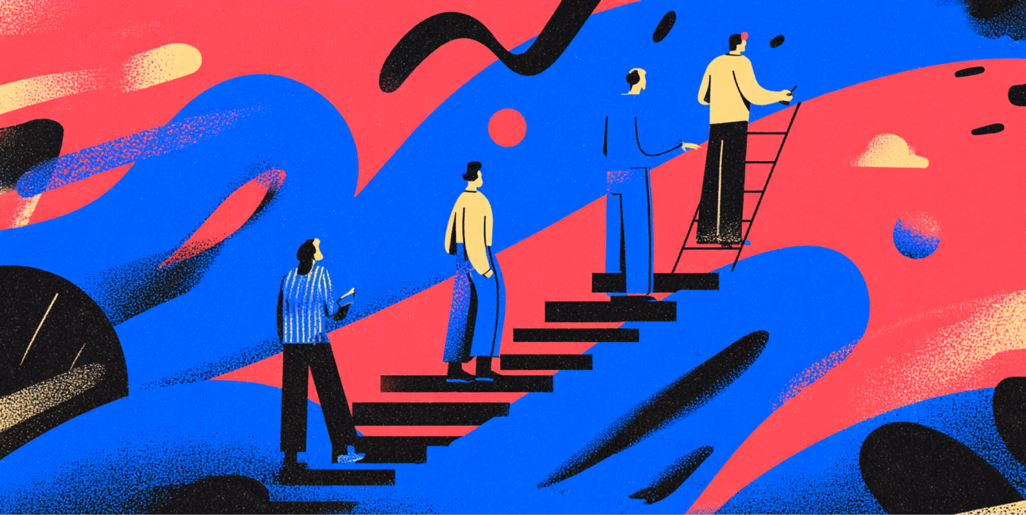 Professionals ascending a staircase toward a large figure, symbolizing career growth, skill development, and advancement opportunities for Webflow designers in the modern digital industry.