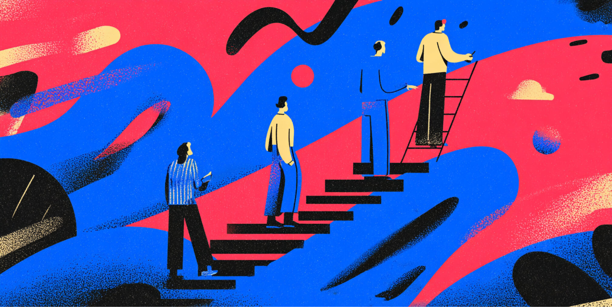 Professionals ascending a staircase toward a large figure, symbolizing career growth, skill development, and advancement opportunities for Webflow designers in the modern digital industry.