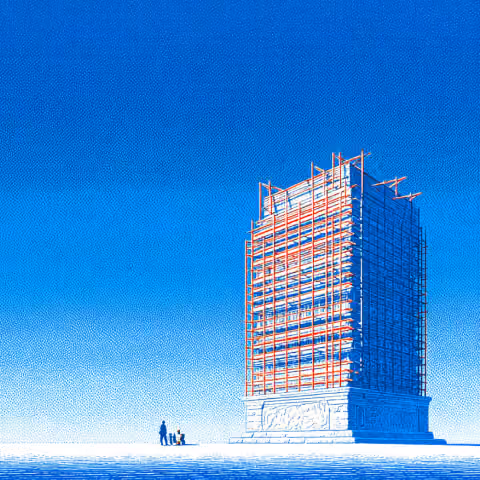 Structured building under construction in an open environment, illustrating the process of building SEO authority through strong foundations and gradual optimization.
