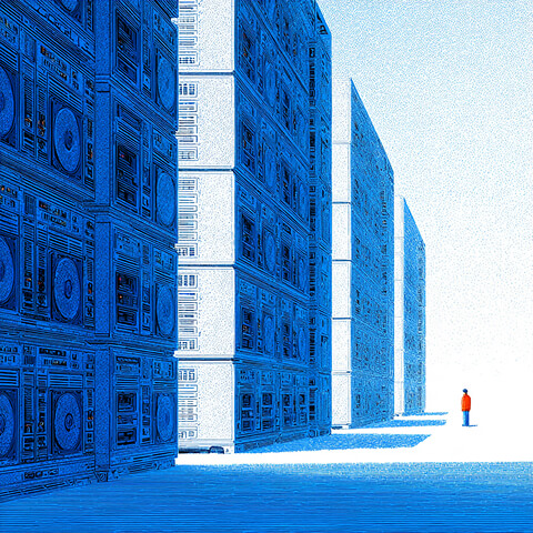 Person standing between towering data structures and digital archives, representing the scale of search engine indexing and the importance of organized website architecture.