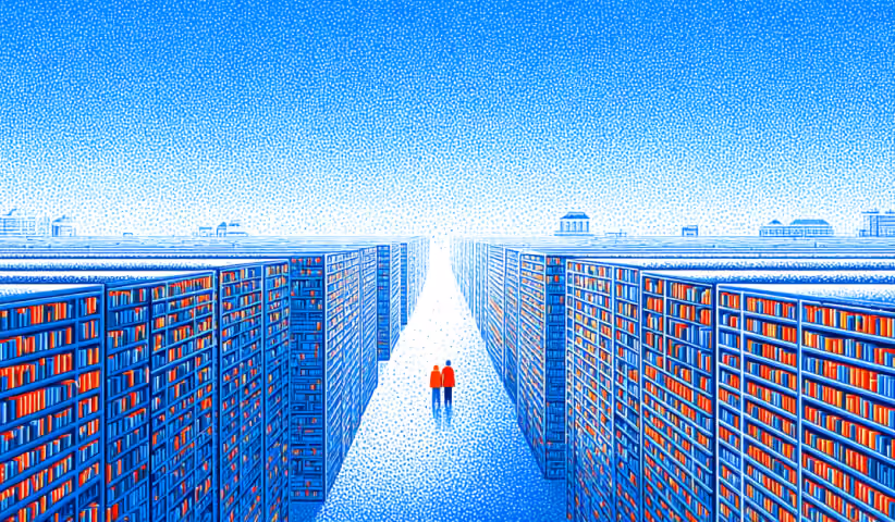 Two people walking between rows of organized information, symbolizing search engine crawlers and users navigating well-structured, authoritative content.