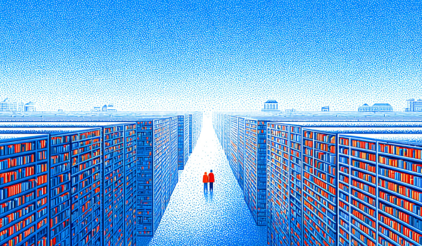 Two people walking between rows of organized information, symbolizing search engine crawlers and users navigating well-structured, authoritative content.