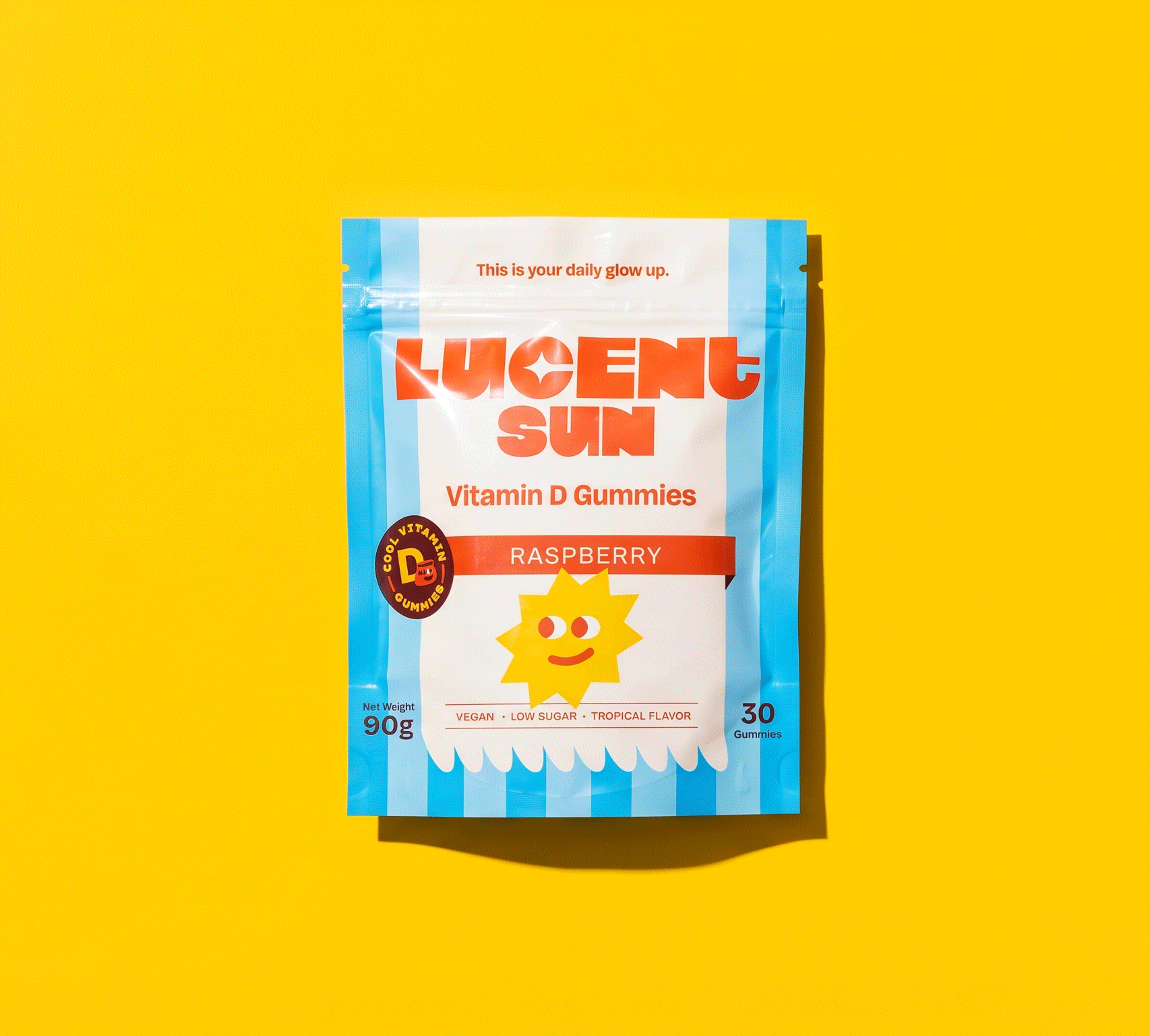 Animated Lucent Sun packaging presentation displaying colorful Vitamin D gummy pouch designs, bold typography, and vibrant wellness-focused branding elements.