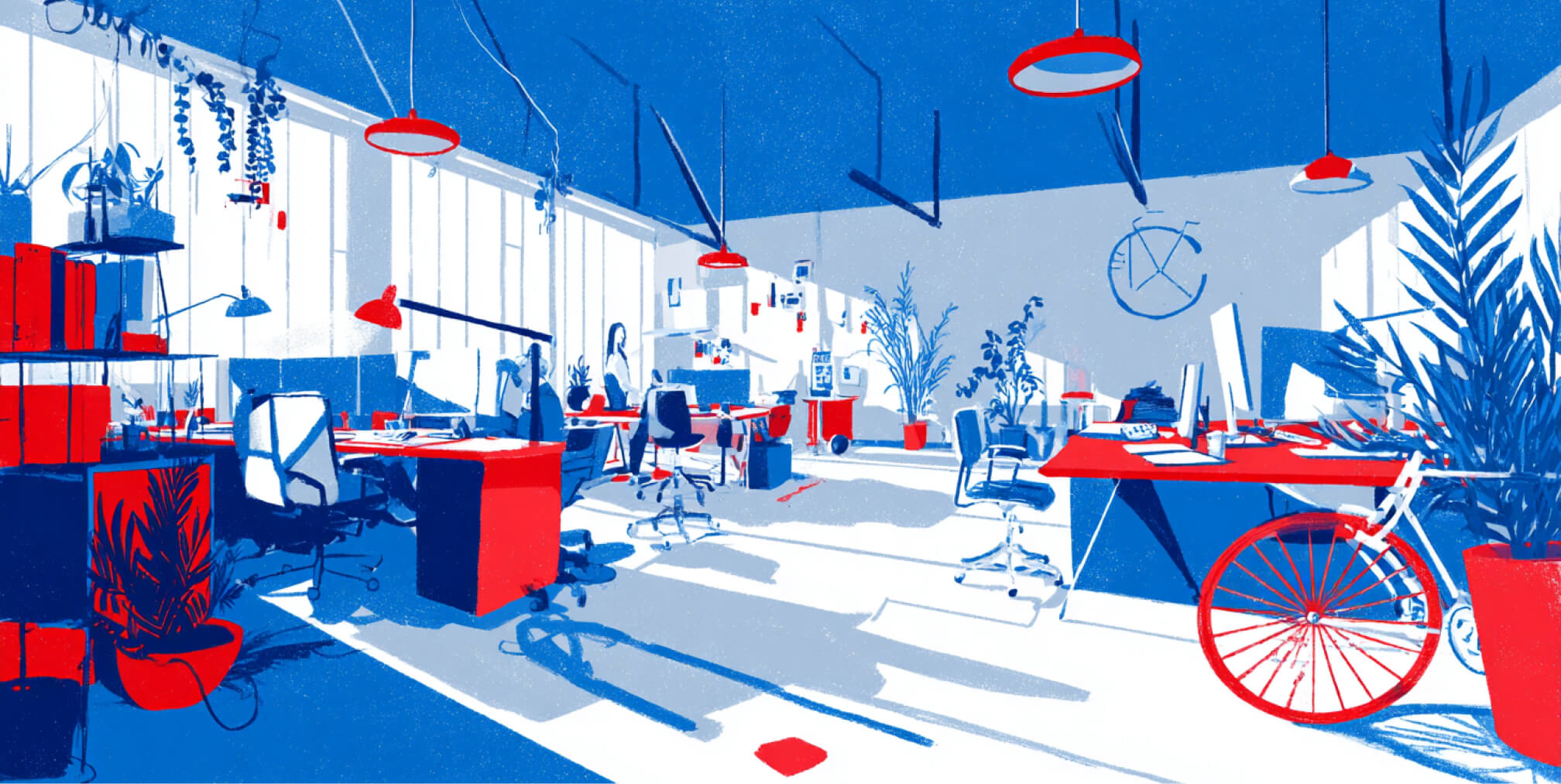 Modern digital marketing agency workspace with collaborative desks, creative tools, and open office design, representing integrated marketing, branding, and growth strategy services.